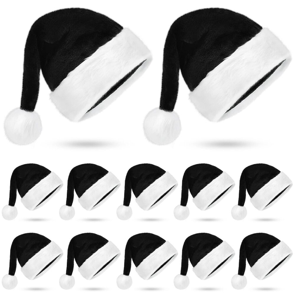 1832 Black and White Santa Hat Plush Christmas Hat for Adults Holiday